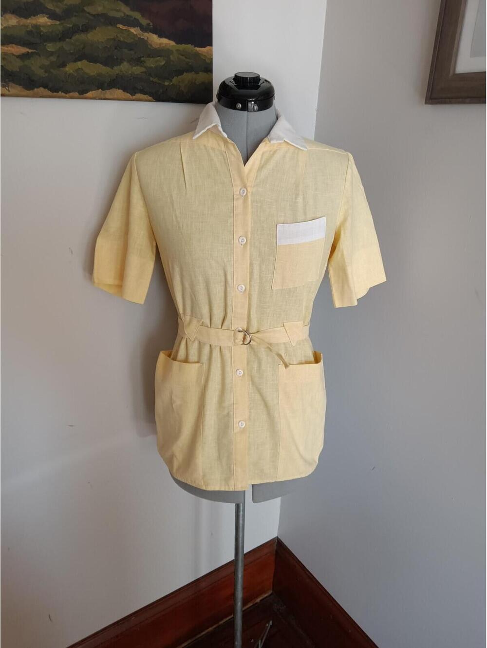 Vintage Nurse's Belted Blouse Mod/Gogo Retro Pastel 80s Top With Pockets S